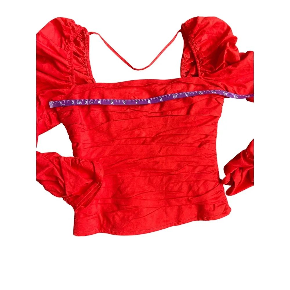 Reformation Joi Red Ruched Puff Sleeve‎ Top Square Neck Smocked Back Size 2